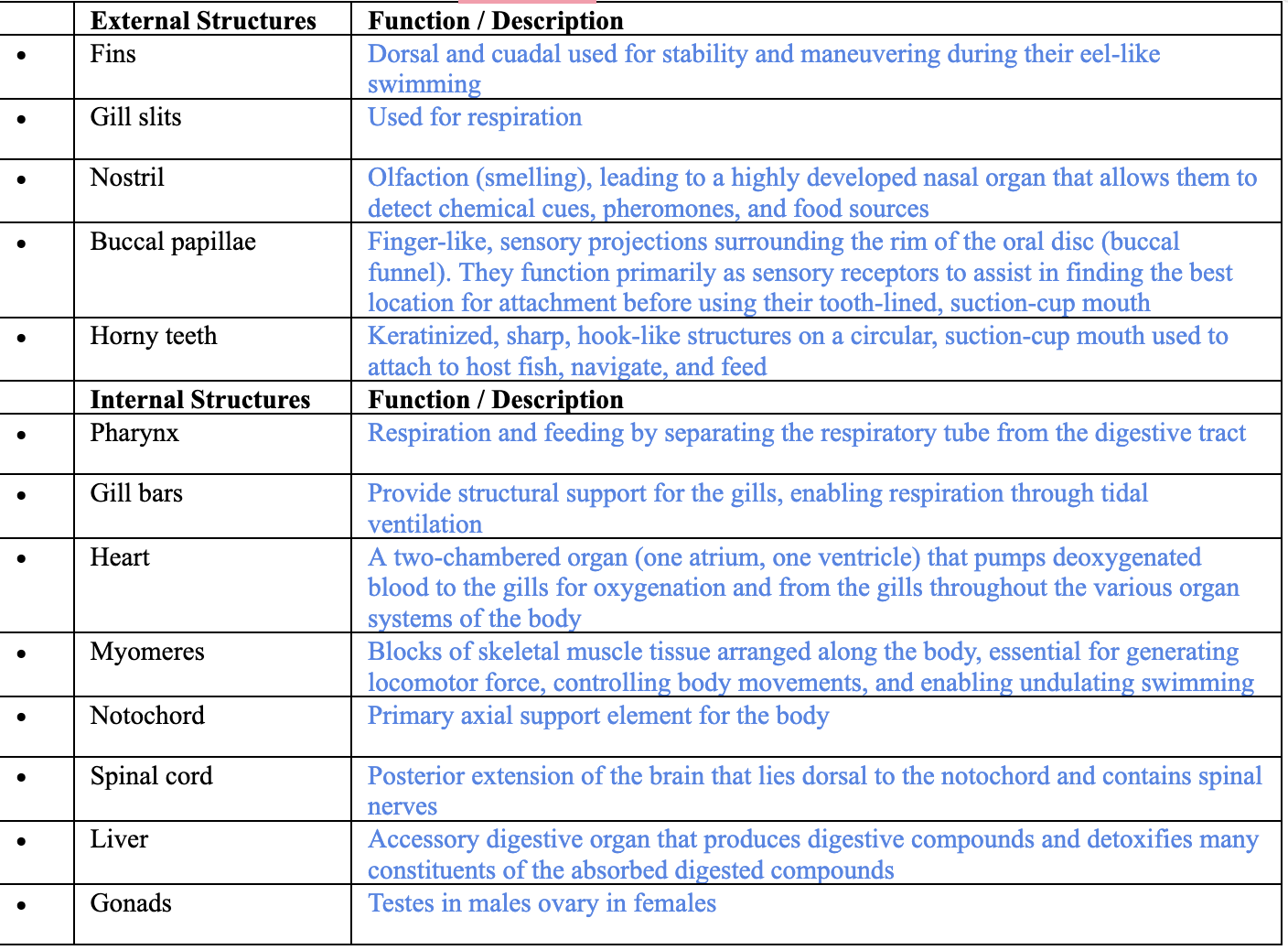 <p><span style="background-color: transparent;">Clade Petromyzontida within Clade Vertebrata within Clade Chordata</span></p><ul><li><p>Not pictured in diagram: gonads</p></li></ul><p></p>