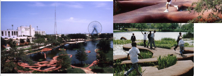 <ul><li><p>100 year anniversery of Texas</p></li><li><p>created earlier to prevent floods</p><ul><li><p>water polluted → crew of Delas Museum of Art decided to commission this work to make it better</p></li><li><p>institution playing an activist role in shaping the city & responding to environmental issues</p></li><li><p>walkways around the lagoon: spending time outside, observing animals & plants</p></li></ul></li></ul><p></p>