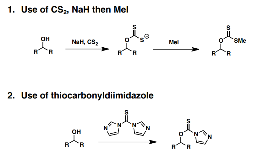 <p>a) transform secondary or tertiary OH into a good group for attack of a radical and subsequent elimination</p><p>b) see image</p><p>c) Barton-McCombie reaction</p>