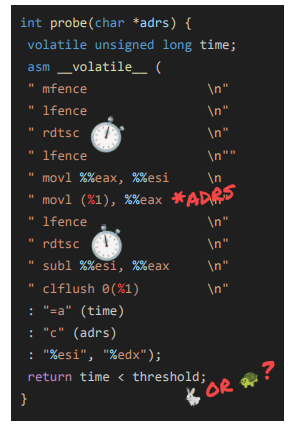 <ul><li><p> Originally leaks from a victim to a spy process </p><ul><li><p>Assumes shared memory between victim and spy </p></li><li><p>Can even work via L3 </p></li><li><p>Shared code and libraries(!) </p></li></ul></li><li><p>Strategy: </p><ul><li><p>1) Spy flushes cache </p></li><li><p>2) Victim carries out operations </p></li><li><p>3) Spy probes cache and measures time: </p><ul><li><p>Fast access: victim brought value into cache</p></li></ul></li></ul></li></ul><p></p>