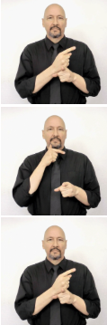 <p>“g” or sideways “l” on chin and moves to non dom hand sideways “l’ dom on top of non dom</p>