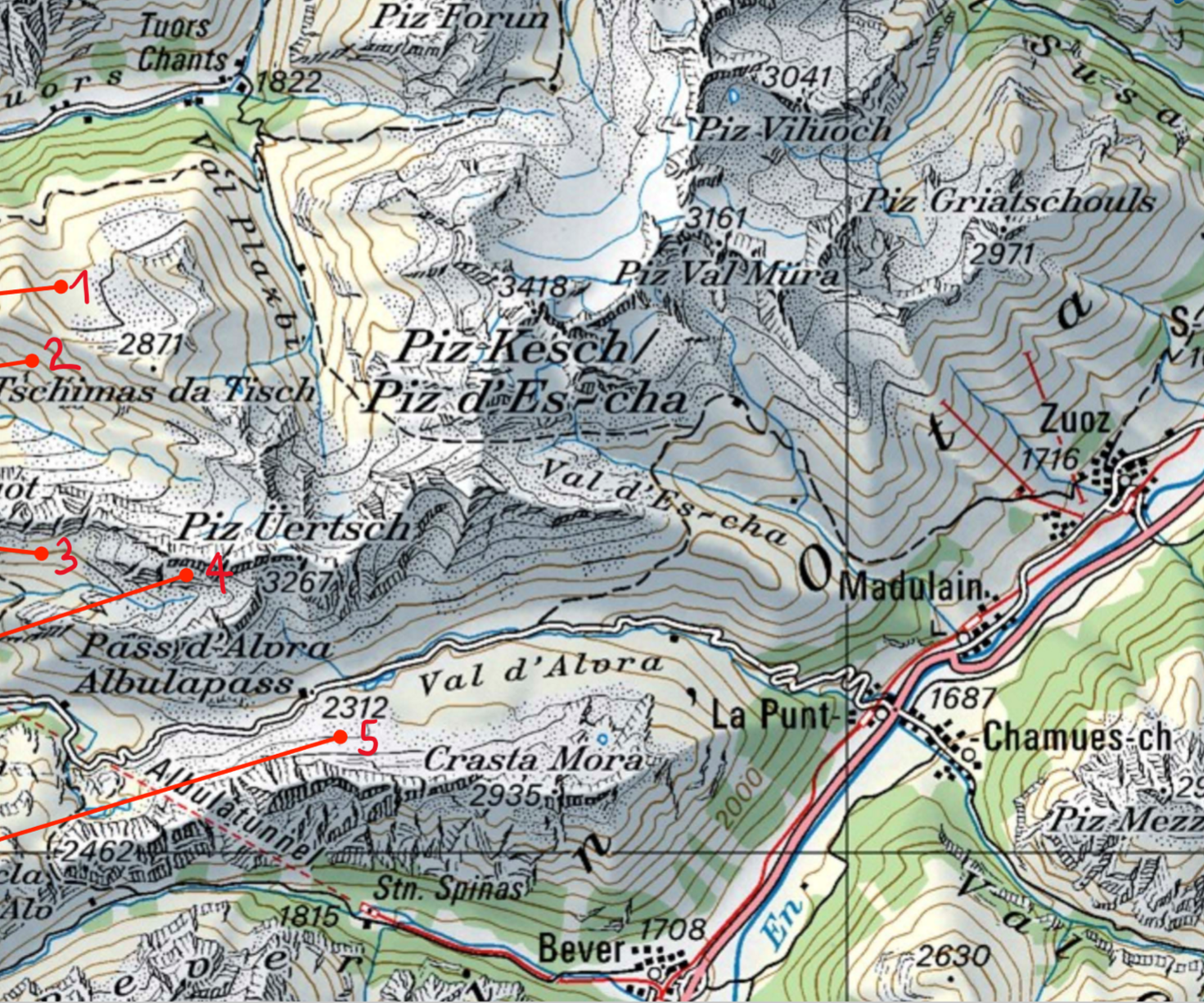 <p><strong>Swiss style</strong></p><ul><li><p>Sun tint (1)</p></li><li><p>Relief shading (2)</p></li><li><p>Contour lines (3)</p></li><li><p>Rock drawing: depiction of outcrop/bedrock exposures (4)</p></li><li><p> Scree pattern (= Geröll): depiction of loose rocks covering a slope (5)</p></li></ul><p></p>