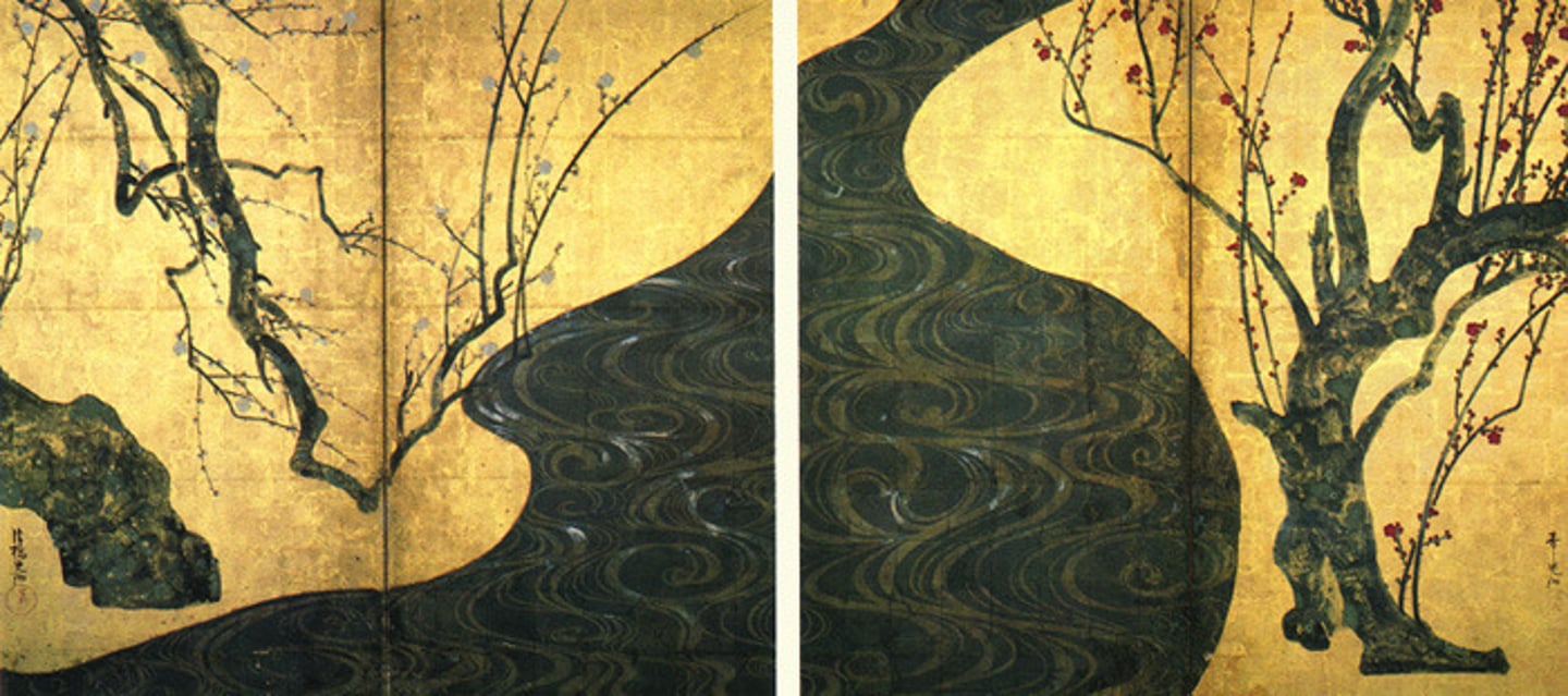 <p>major historical schools of Japanese painting. It was created in 17th century Kyoto, paint in shiny gold; big screens, dividers, asymmetrical designs</p>