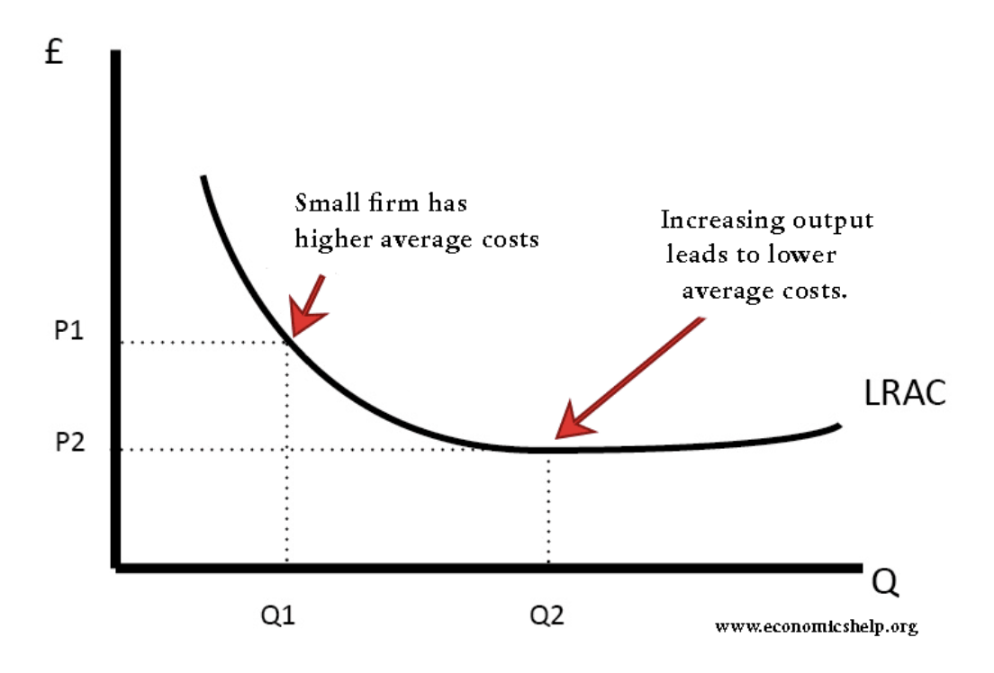 <p>Lower average cost of production as firm operates on a larger scale/more efficiently</p>
