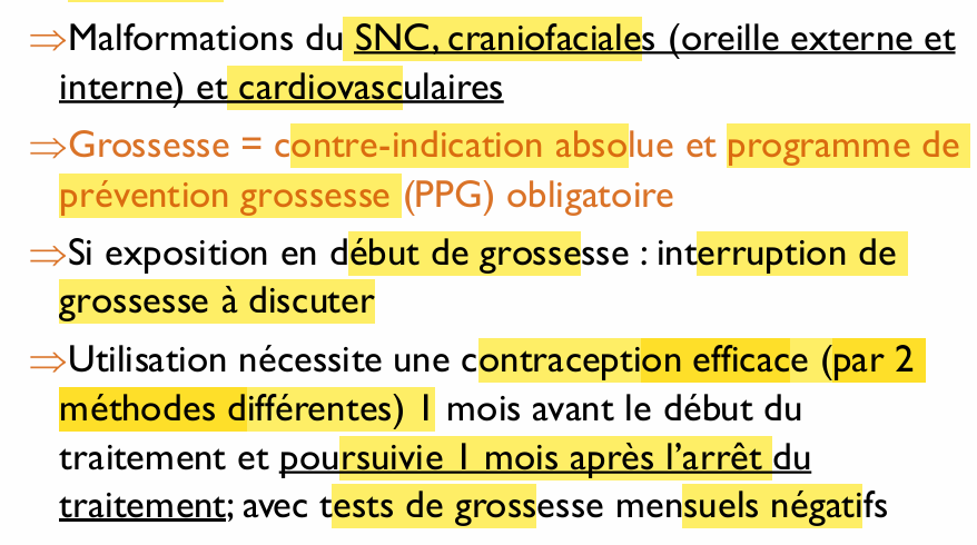 <p>rare médoc ou envisage interruption grossesse</p><p></p><p>ATT on peut faire signer check liste à patiente si refuse</p><p>(bilan lipidique, hCG pour grosses et enzyme foie)</p>