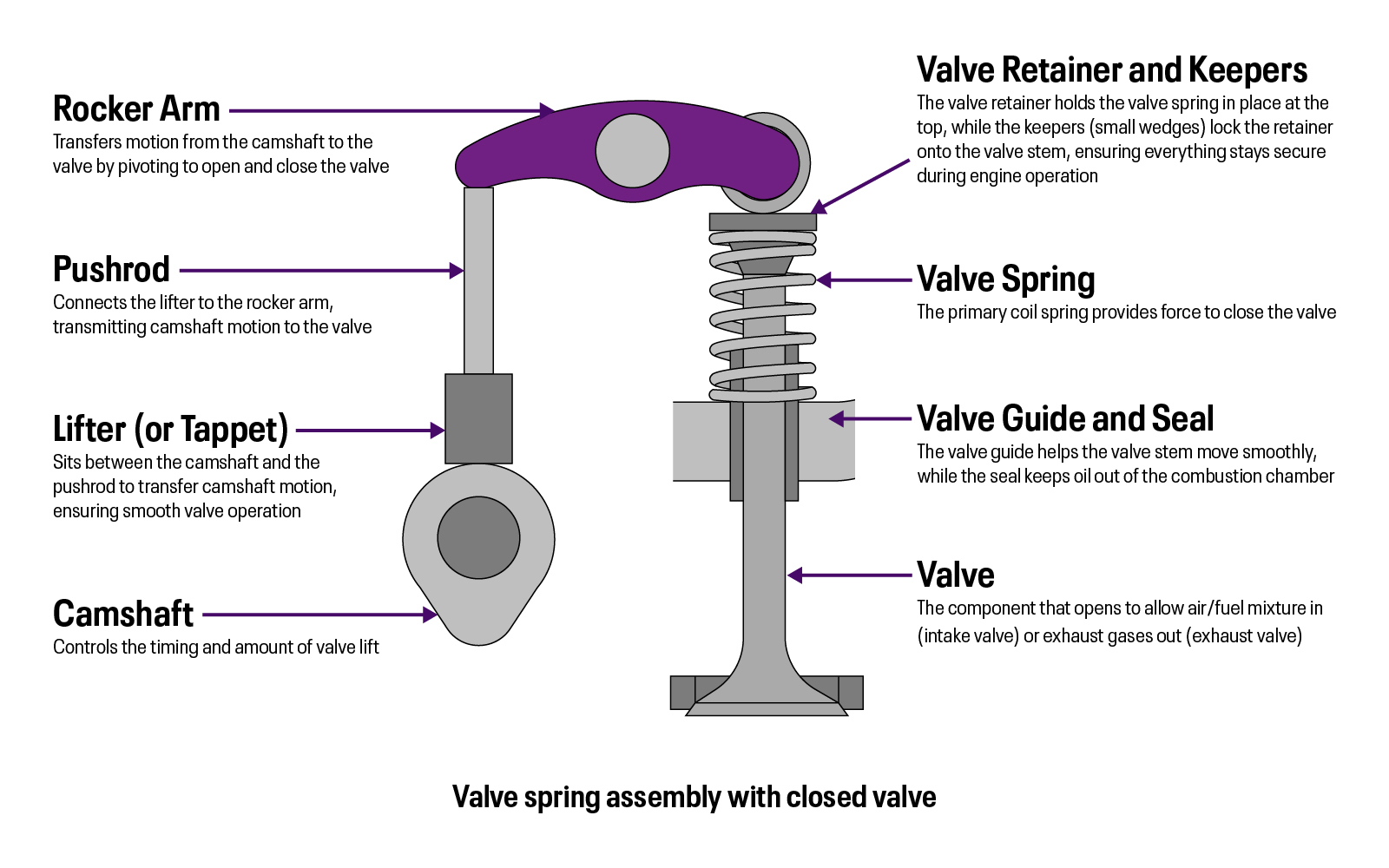 <ul><li><p>As the cam rotates, the shape of the metal pushes the push rod upwards which then tilts the rocker arm, compressing the spring and pushing the valve downwards to close and vice versa</p></li><li><p>Sealing is done by the valve face (the plunger part of the valve)</p></li><li><p>Because the SPRING MUST BE DEFEATED to close the valve, the valve CAN GET STUCK OPEN </p></li></ul><p></p>