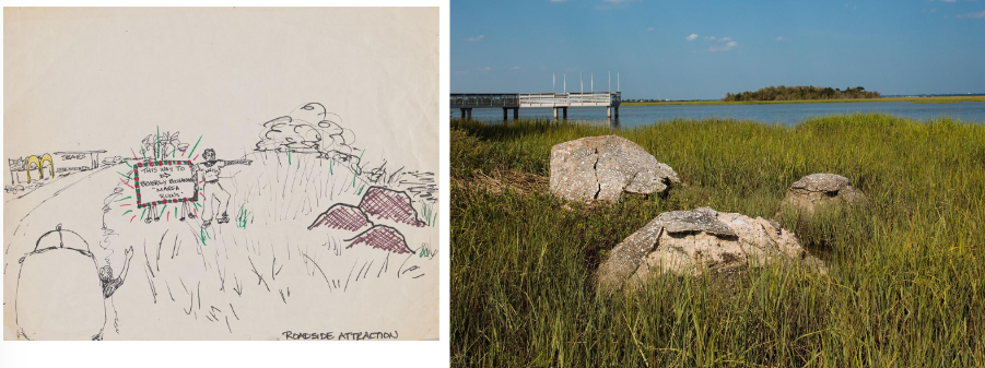 <ul><li><p>references to one of the biggest mass suicides of enslaved people </p></li><li><p>show the landscape</p></li><li><p>created stones: tabi = a type of cement created with oyster shells</p></li><li><p>flooded 2 a day → dissapears </p></li></ul><p></p>