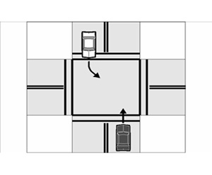 <p><strong>The white car will turn left. The black car will go straight. Which has the right-of-way?:</strong></p>