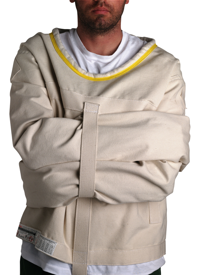 <p>(n) <span>a </span>special<span> </span>item<span> of </span>clothing<span> like a </span>coat<span> that </span>ties<span> the </span>arms<span> to the </span>body<span> and </span>limits<span> the </span>movement<span> of a </span>violent<span> or </span>mentally<span> </span>ill<span> </span>person</p><p><span>something that </span>severely<span> </span>limits<span> </span>development<span> or </span>activity<span> in a way that is </span>damaging</p>