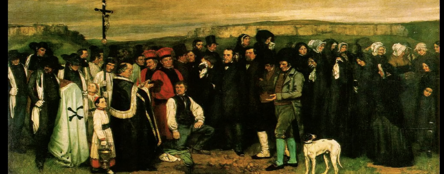 <p>“show me an angel and I’ll paint on e”</p><p><span>After being rejected in the exhibition space of the Universal Exhibition held in Paris in 1850, Courbet organized a personal exhibition, in a building built at his own expense, which he called "The Pavilion of Realism".</span><br><br><span>life-size scale</span><br><br><span>event actually witnessed by Courbet</span><br><br><span>"One must be of one's time"</span><br><br><span>"contemporanelty":</span><br><span>- only events one can witness</span><br><span>- no mythological stories</span><br><span>- no religious historical events depicted</span><br><br><span>no drama, no key moment, or pivotal moment (just depicting exactly what he saw)</span><br><br><span>Dog: the "ordinary" boredom "slice-of-life"</span><br><br><span>Positivism</span></p>