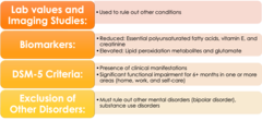 <p>-labs & imaging (rule out)</p><p>-biomarkers</p><p>-DSM 5</p><p>-exclusion of other disorders</p>