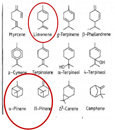 <ul><li><p>Terpenes are pure hydrocarbons while terpenoids contain functional groups such as OH, C=O, COOH, ect.</p></li><li><p>Extractives of SW contain all classes of terpenes except sesquiterpenes, which are rare class</p></li><li><p>Monoterpenes exists as cyclic, monocyclic &amp; bicyclic forms</p></li><li><p>All types found in volatile fraction of SW isolated by steam distillation</p></li><li><p>Turpentine; volatile wood oil consists mainly of monoterpenes</p></li><li><p>Most important are α &amp; β-pinene &amp; limonene</p></li></ul><p></p>