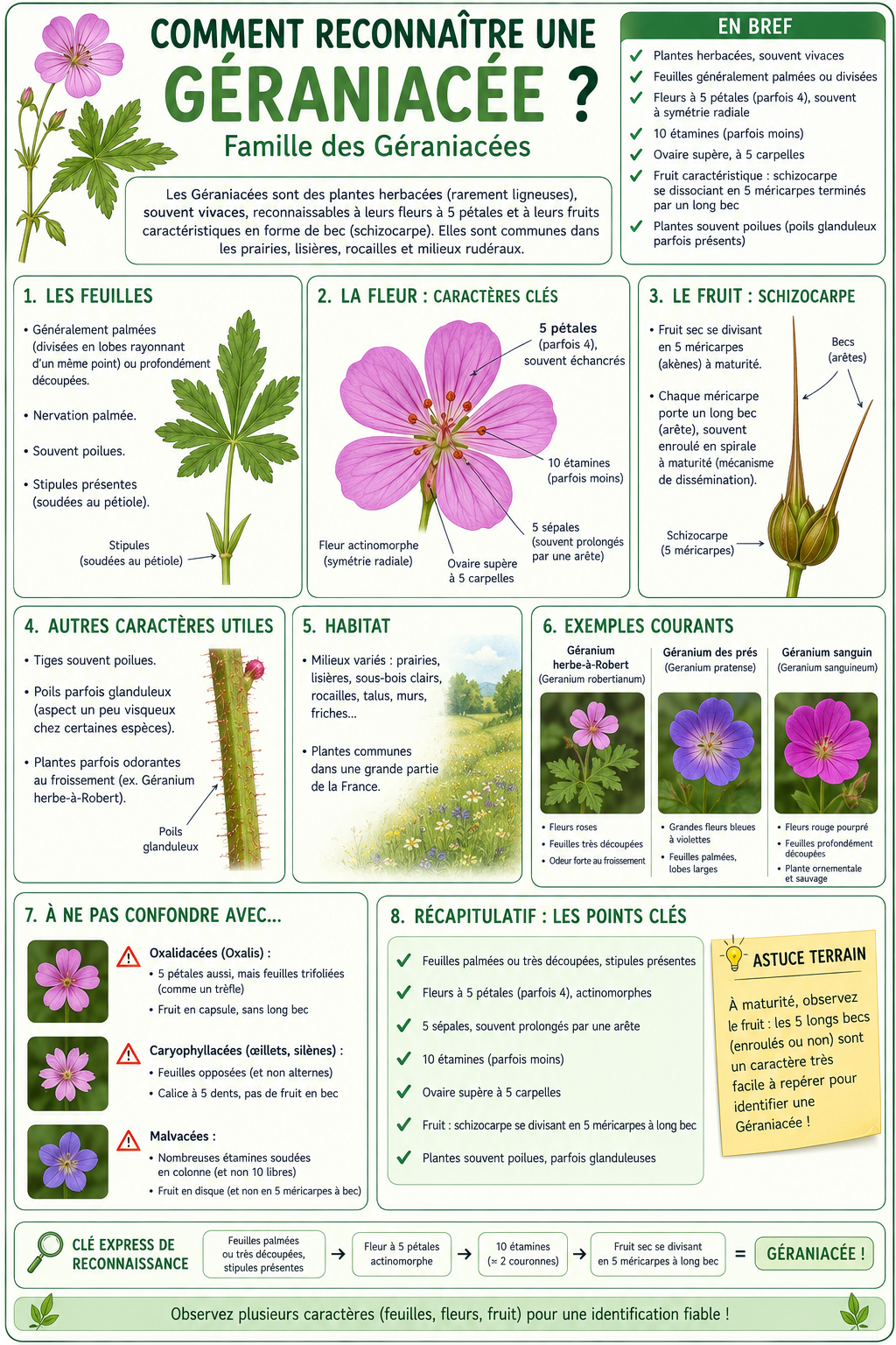 <p>Les Geraniaceae sont reconnaissables par leur port et surtout leur fruit. Les feuilles sont souvent opposées ou alternes, palmées ou lobées, avec des stipules, et présentent un bord denté. Elles sont souvent couvertes de poils glanduleux, donnant une odeur caractéristique.</p><p>Les fleurs sont pentamères avec 5 pétales libres et 5 sépales, et possèdent 5 à 15 étamines. L’ovaire est supère, formé de 5 carpelles.</p><p>Le critère le plus caractéristique est le fruit : un schizocarpe en forme de bec de grue, qui se sépare en plusieurs parties à maturité.</p><p>Résumé : “feuilles palmées + bec de grue = Geraniaceae”.</p>