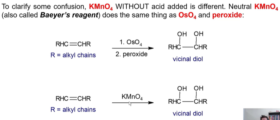 <p>Makes a vicinal diol (two OH’s added on an alkene group. )<br><br>same as OSO4 and peroxide.</p>