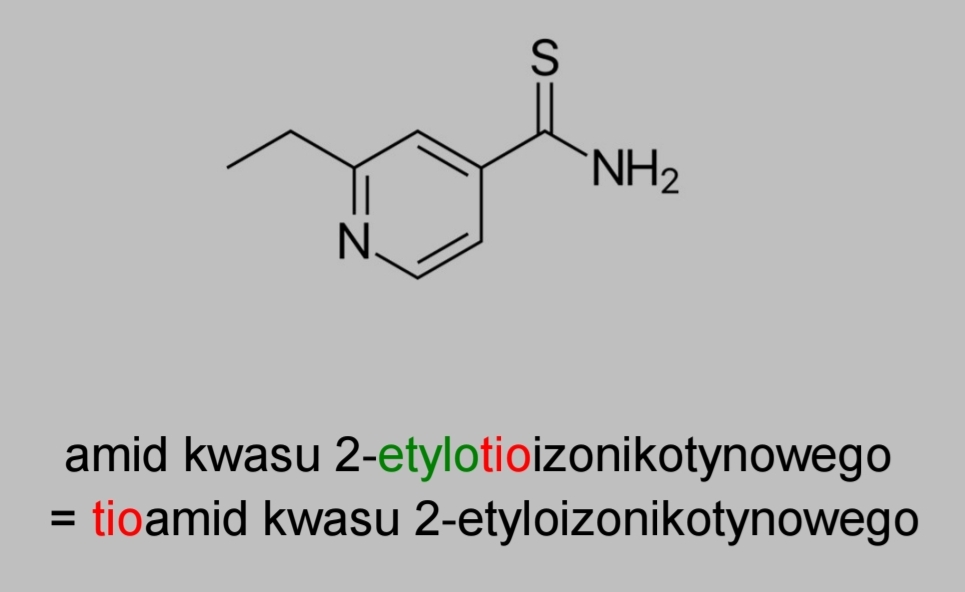 <p>przeciwgruźlicze II rzut, syntetyczny</p><p>prolek</p><p>utleniany przez EthA, a następnie tworzy addukty z NADH i w tej postaci hamuje enzym <strong>InhA (reduktazę enoilo-ACP)</strong> w kompleksie FAS II - uczestniczący w syntezie <strong>kwasów mykolowych</strong>. Prowadzi to do zaburzenia syntezy ściany komórkowej prątków, zahamowania ich wzrostu i śmierci.</p>