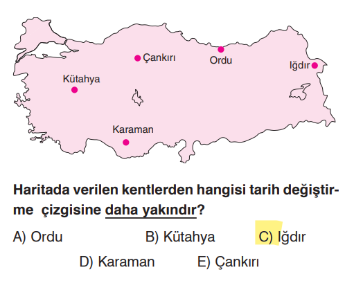 <p>Tarih Değiştirme Çizgisi 180° meridyenidir (Büyük Okyanus üzerindedir). Türkiye başlangıç meridyeninin doğusundadır. Dolayısıyla Türkiye'nin en doğusu (Iğdır), 180° meridyenine en yakın noktadır.</p>
