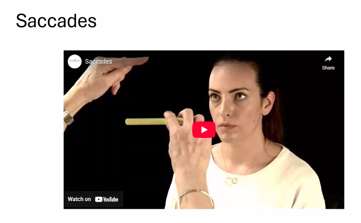 <p>Saccades</p><p>-can be voluntary and involuntary</p><p>-this is normal, however, neurological disorder represents delay, undershooting or overshooting. </p>