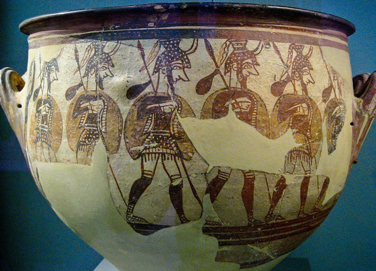 <p><span>Marching around a single register are Mycenaean soldiers with helmets, shields, and spears, seemingly heading off to battle. This artist of this vessel doesn't attempt to individualize them--they are literally clones of one another with hints of that Minoan large side profile eye and long, tapered legs.</span></p><p><strong>simplification and repitition</strong></p>