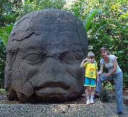 <p>Colossal head, La Venta, Mexico, ca. 900-400 BCE, basalt, 9’ 4” high, Pre-Classic Period: c. 1500 BCE – 200 CE</p>