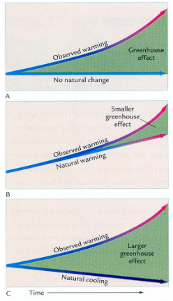 <ul><li><p>Understand baseline of change, is it on a cycle?</p></li><li><p>Work out what the “observed warming” over time is (based on empirical measurements of long-term trends)</p></li><li><p>Difference between observed and baseline change, how large or how small it is, then shows if, e.g. the greenhouse effect is present </p></li><li><p>The ‘debate’ is: is the observed warming simply a part of a natural process?</p></li></ul><p></p>