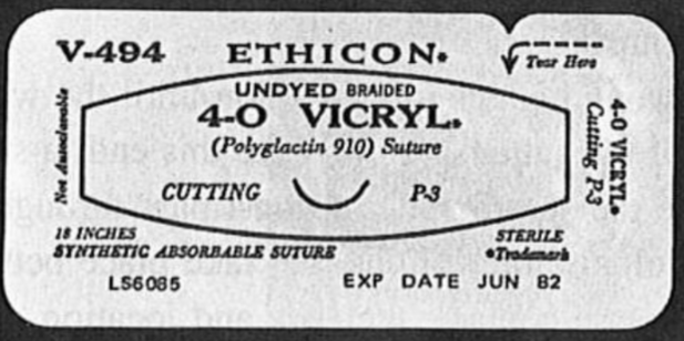 <p>→ colour of suture</p><p>→ suture constriction (braided, monofilament, twisted)</p><p>→ manufactures name and parent company/address</p><p>→ needle description, manufactures needle #, length, cutting pattern and silhouette </p><p>→ meets USP standards </p><p>→ absorbability and guaranteed sterility </p><p>→ length of suture material </p><p>→ generic name and trade name </p><p>→ gauge (size)</p><p>→ product #</p>