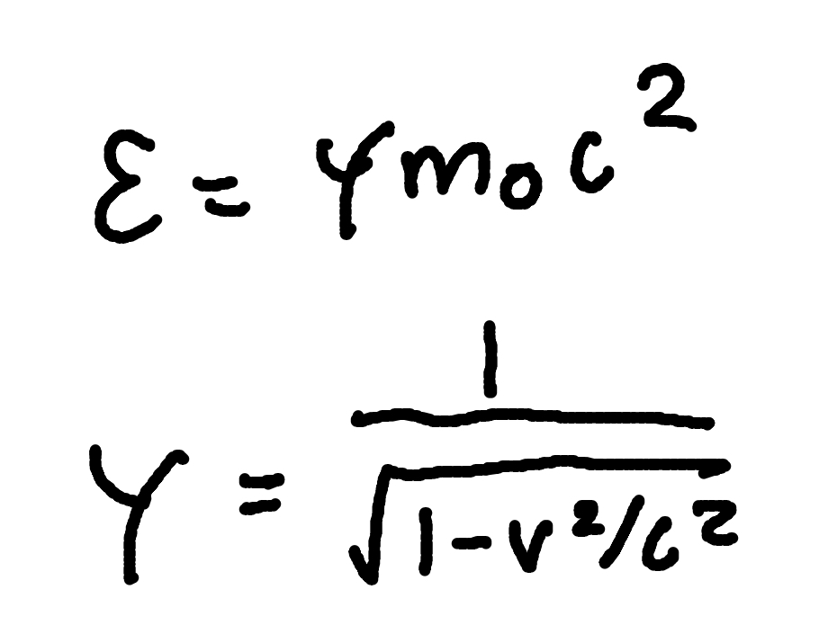 <p>where </p><p>γ = Lorentz factor</p><p>E = total Energy</p><p>m0 = rest mass</p><p>c = speed of light (3 × 10^8m/s)</p>