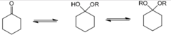 <p>addition of 1 eq of an alcohol in acid to form a hemi-ketal and then a 2nd eq to form a ketal</p>