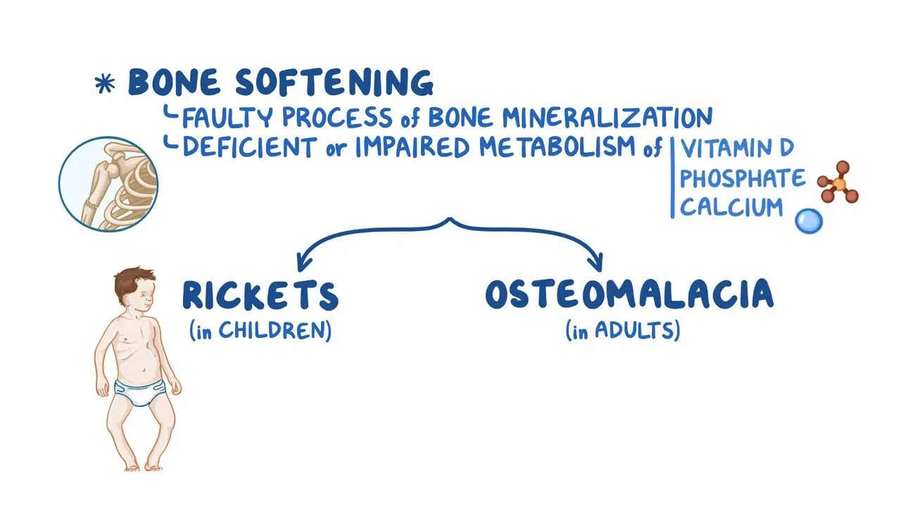 <p>Children:</p><ul><li><p><strong><u>**Rickets</u></strong></p><ul><li><p>Disease characterized by softening and deformity of long bones</p></li><li><p>Inability to deposit calcium in newly formed bone</p></li><li><p>Malformation of the skull, ribcage, and ends of long bones</p></li></ul></li></ul><p></p><p>Adults:</p><ul><li><p><strong><u>**Osteomalacia</u></strong></p><ul><li><p>Softening of bone caused by decalcification</p></li></ul></li></ul><p></p>