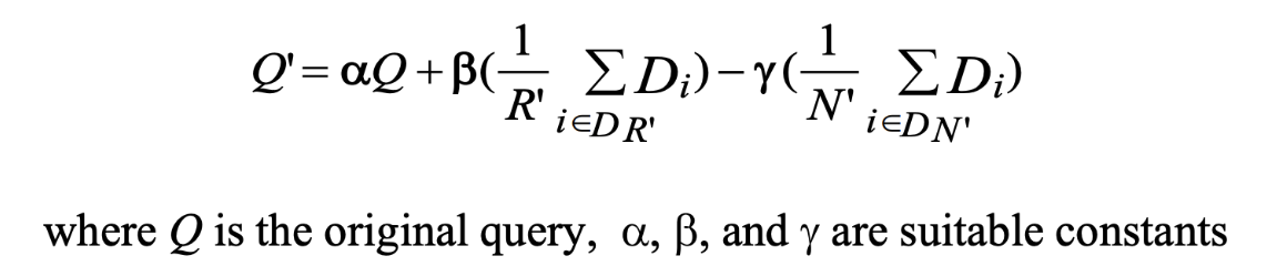 <p>Modifies a bad query into a better one (manual or through relevance feedback)<br>Terms in relevant results are used to reinforce the original query vector<br>Terms in nonrelevant results are used to weaken the original query vector (add with negative weight)</p><p>Use smaller weight for γ than for β.</p>