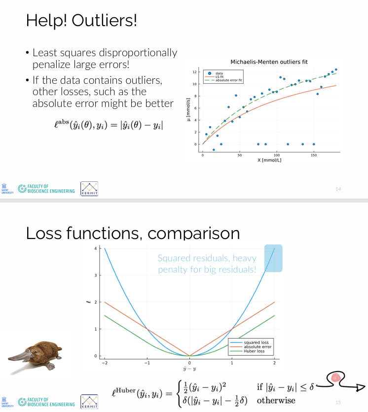 <p>Je gebruikt de <u>absolute error</u> wanneer de data <u>outliers</u> bevat of wanneer grote fouten niet disproportioneel zwaar mogen doorwegen.</p><ul><li><p>Bij squared error worden grote afwijkingen <u>kwadratisch bestraft</u>, waardoor outliers de fit sterk domineren.</p></li><li><p>Bij absolute error is de straf <u>lineair</u>, waardoor outliers minder invloed hebben.<br>→ Dus: absolute error is robuuster tegen grote fouten en volgt beter de “typische” data.</p></li></ul><p></p>