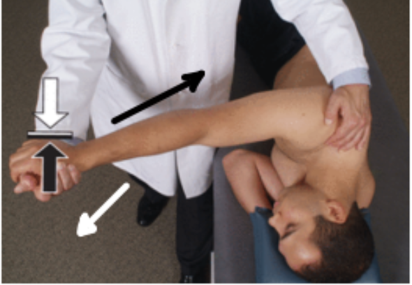 <ol><li><p>patient on lateral recumbent (on their side)</p></li><li><p>caudad hand’s palm on spine of scapula + fingers wrap around clavicle</p></li><li><p>cephalad hand holds patient’s forearm and moves shoulder into flexion</p></li><li><p>patient resists by extending (moving arm toward the feet)</p></li><li><p>repeat 3-5 times + passive stretch</p></li><li><p>if articulatory (not MET), then just pulse</p></li></ol><p></p>