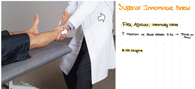 <p>Abd IR</p><ol><li><p><span style="background-color: transparent;">Grasp the tibia and fibula above the ankle on the side of the innominate dysfunction</span></p></li><li><p><span style="background-color: transparent;">Abduct and internally rotate the hip and leg until movement is felt at hip</span></p></li><li><p><span style="background-color: transparent;">Leaning back gently to provide an axial traction and instruct the patient to inhale and exhale. Provide more traction with each exhale</span></p></li><li><p><span style="background-color: transparent;">Repeat this 5-7 times</span></p></li><li><p><span style="background-color: transparent;">On the last exhalation tug on the leg</span></p></li><li><p><span style="background-color: transparent;">Reassess</span></p></li></ol><p></p>