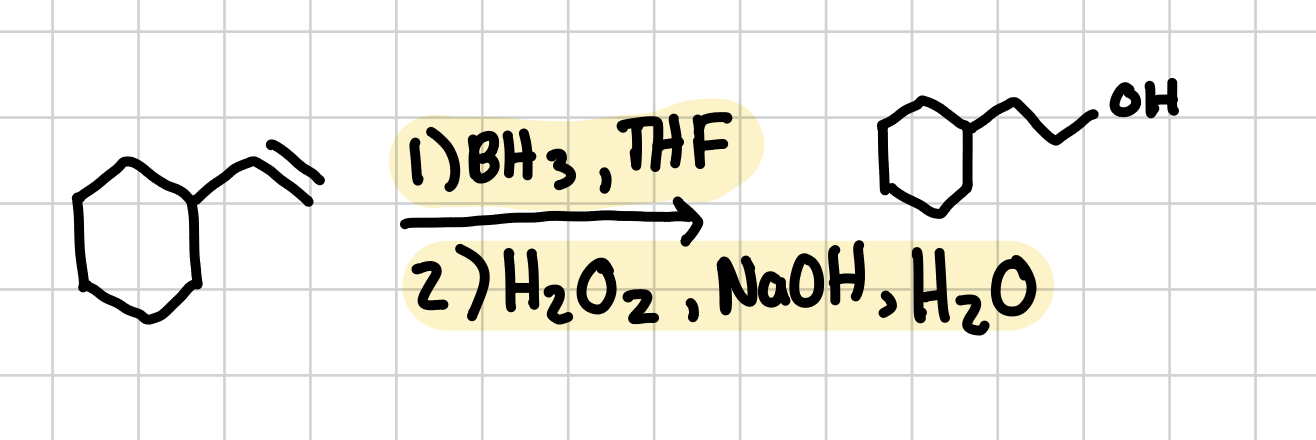 <p>Adds a hydroxyl group to the least substituted side of the alkene</p><p>Reagents: 1) BH3, THF  2) H2O2, NaOH, H2O </p>