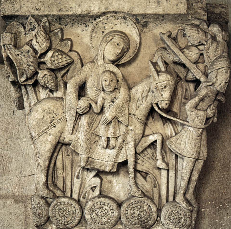 <p>The capital of St. Lazare at Autun depicts the Flight into Egypt, showing the Holy Family escaping King Herod's massacre, a common theme in Romanesque art that represents divine protection and salvation. </p>