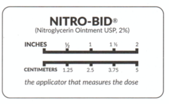 <p>- dosed BID, 6 hours apart + 10-12h nitrate-free interval</p><p>- Measure the dose of ointment with the dose-measuring applicator</p><p>- Can stain clothing</p>