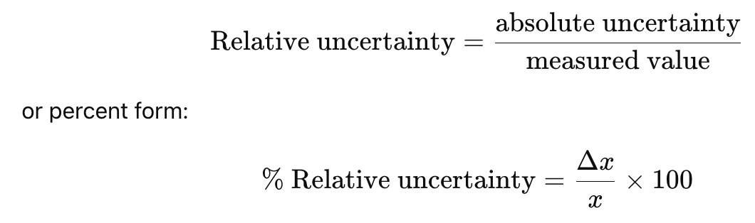 <p>Absolute uncertainty = uncertainty in actual units (ex: 25.0 ± 0.2 mL)</p><p>Relative uncertainty = uncertainty compared to the size of the measurement</p><p></p>
