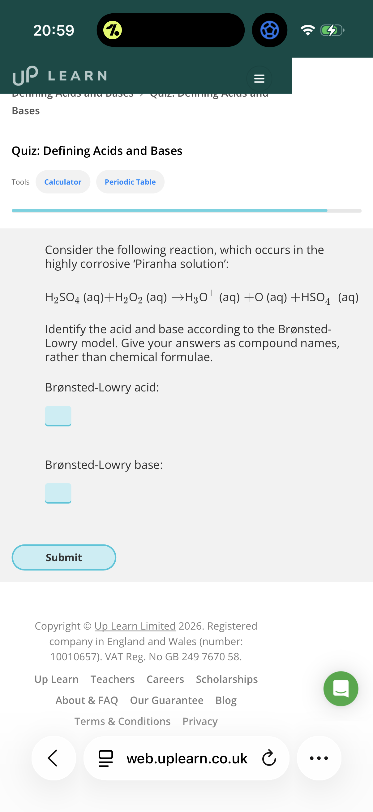 <p>Answer image question</p><p><strong>Acid and base reactions</strong></p><p>• Acids can't just throw away their protons — they can only get rid of them if there's a …1? to accept them. In this reaction the acid, HA, transfers a proton to the base, B:</p><p>HA (aq) + B(aq) <=> BH+ (aq) + A- (aq)</p><p>Its equilibrium is far to the left for weak acids, and far to the right for strong acids.</p><p>-It's an equilibrium, so if you add more HA or B, the position of equilibrium moves to the right. But if you add more BH or A-, the equilibrium will move to the left, according to Le Chatelier's principle. When an acid is added to water, water acts as the ..:2? and accepts the proton:</p><p>HA (aq) + H2O(aq) <=>H3O+ (aq) + A- (aq)</p>