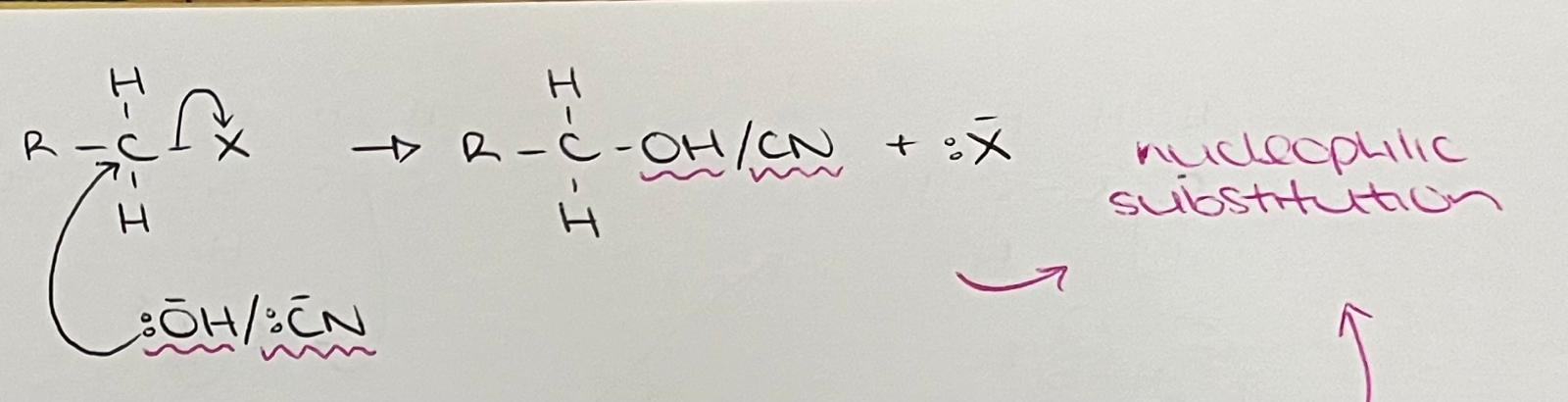 <p>Mechanism: Nucleophilic substitution.</p><p>Reagents: (acidified) KCN.</p><p>Conditions: Heat under reflux, ethanolic.</p>