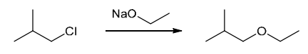 <p>This is a substitution reaction. Our retrosynthesis begins with a disconnection at a C–O bond of the ether group. The carbon atom (at the disconnected bond below) started out as an electrophile in the given starting material, with a Cl leaving group at that position. Therefore, the oxygen atom served as the nucleophile, so we draw a negative charge on the oxygen atom to give a suitable nucleophile (ethoxide ion) The last step of the planning process is to confirm that the reaction mechanism is favorable. The ethoxide anion is a strong nucleophile and a strong base, so we must consider both SN2 and E2 pathways. In this case, we have a primary substrate and a small nucleophile, so there is very little steric hindrance and we expect an SN2 process to give the desired target molecule as the major product</p>