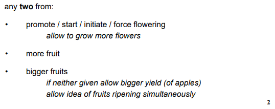 <ol><li><p>To initiate flowering</p></li><li><p>To grow bigger fruits</p></li></ol><p></p>