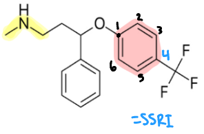 <p>SSRI (substitution at position <strong>4’</strong> (<em>start counting clockwise at oxygen connection</em>) =higher affinity for serotonin)</p>