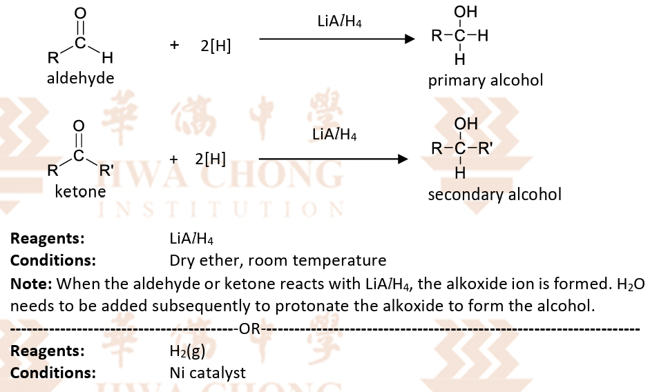 <p>RnCs: LiAlH<sub>4</sub>(lithium aluminium hydride), dry ether, room temperatureOR<br>H<sub>2</sub> (g), Ni catalyst</p><p></p><p>Note: </p><ul><li><p>when aldehyde/ketone reacts with LiAlH<sub>4</sub>, alkoxide is formed. H<sub>2</sub>O needs to be added subsequently to protonate the alkoxide to form the alcohol </p></li></ul><p></p>