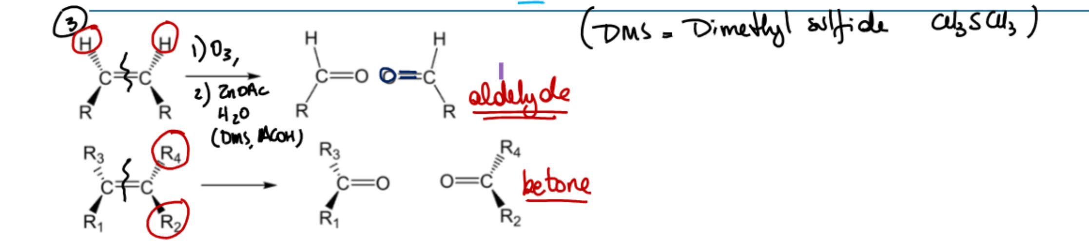 <p>2 H on alkene → aldehydes, all R groups → ketones</p>