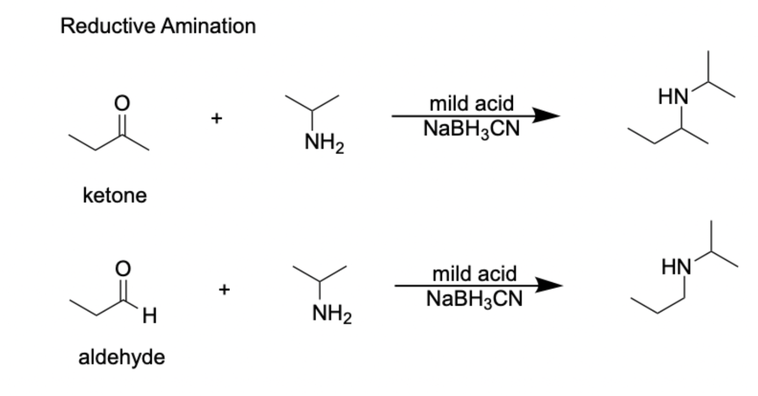 <p>1) Reagent</p><p></p><p>NH3, R-NH2, R2-NH</p><p>AND mild Acid, NaBH3CN</p>