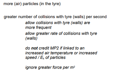 <ul><li><p>More air particles in the tyre</p></li><li><p>Collisions with tyre walls are more frequent</p></li></ul><p></p>