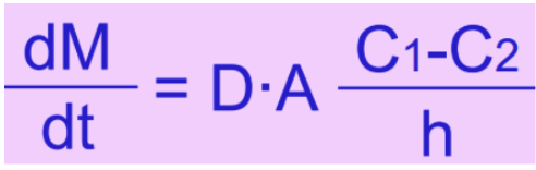<p>describes drug transport across a membrane → predicts drug absorption rate</p><ul><li><p><span style="background-color: transparent;">Diffusion is faster when…</span></p><ul><li><p><span style="background-color: transparent;">Diffusion coefficient (D) is larger (e.g., smaller MW drugs)</span></p></li><li><p><span style="background-color: transparent;">Surface area (A) is larger (e.g., intestine compared to skin)</span></p></li><li><p><span style="background-color: transparent;">(C1 - C2) is larger (e.g., higher concentration or dose)</span></p></li><li><p><span style="background-color: transparent;">Thickness of barrier (h) is smaller (e.g., intestine compared to skin)</span></p></li></ul></li></ul><p></p>