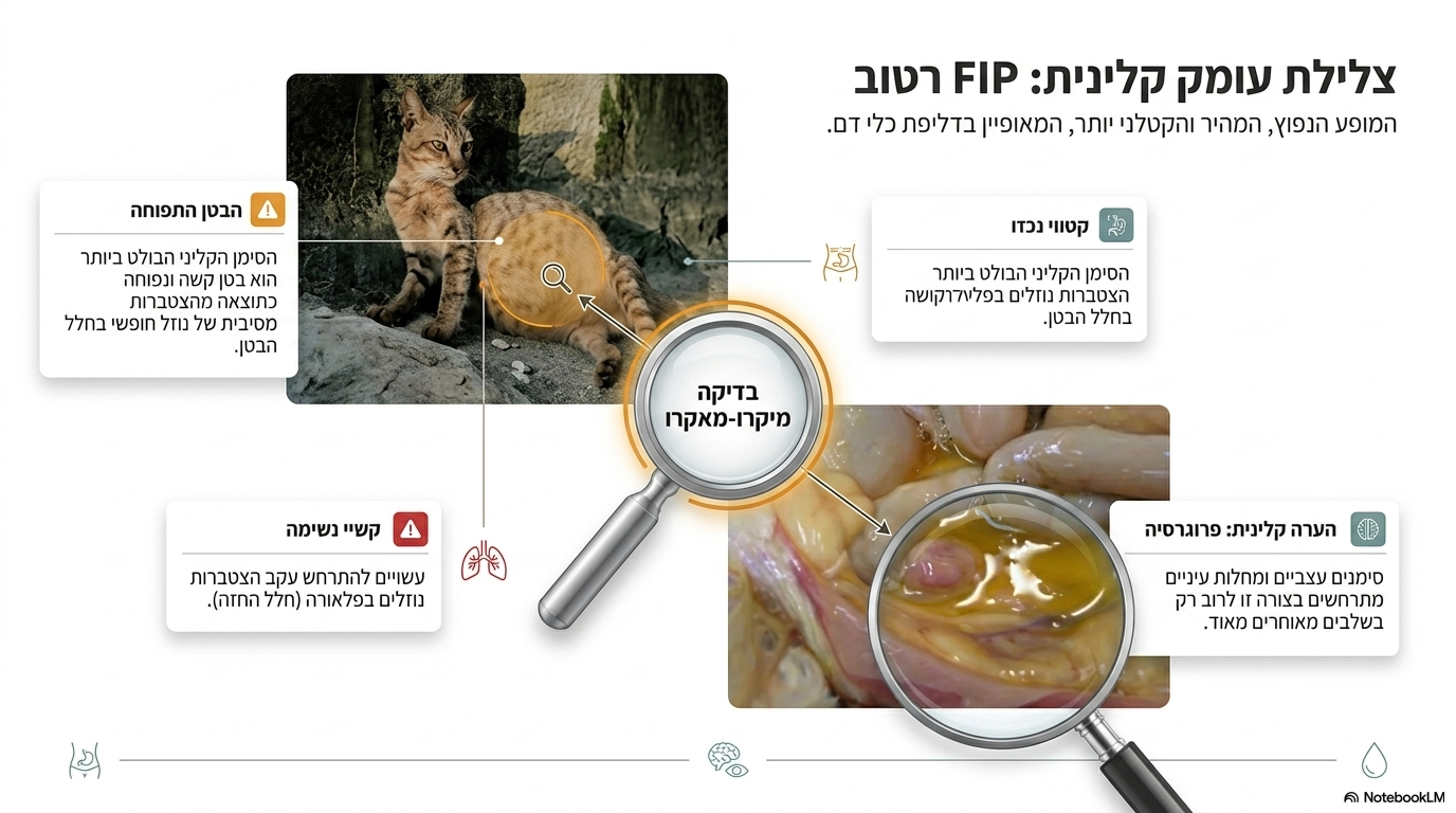 <ul><li><p><strong>סימנים כלליים</strong>: בדומה לצורה היבשה, מופיעים סימנים כלליים לא ספציפיים של חולשה, חוסר תיאבון, עיכוב גדילה או רזון, קשרי לימפה מוגדלים וחום גלי (המגיב לזמן קצר לאנטיביוטיקה).</p></li><li><p><strong>הצטברות נוזל</strong>: נוזל חופשי בחלל הבטן (הממצא הנפוץ ביותר) ובפלאורה (בית החזה), המתגלים בדרך כלל עקב <strong>בטן קשה ונפוחה</strong>.</p></li><li><p><strong>סימנים משניים</strong>: סימנים עצביים ומחלות עיניים נוטים להתרחש בצורה הרטובה בשלב מאוחר יותר ("בהמשך")</p></li></ul><p></p>
