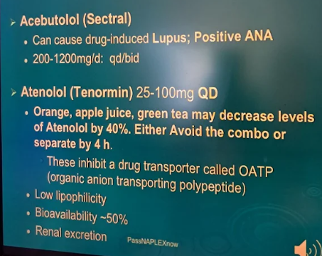 <p><strong>Aceb</strong>utolol <strong> </strong></p><p>Can cause drug induced <strong>lupus</strong></p>