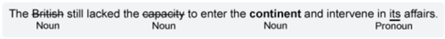 <p>a. its</p><p>Because pronouns (ex. his, its, their) take the place of nouns, they must mean the same thing as the nouns they replace. Here, to decide which noun is being replaced, ask, "Whose affairs (business) did the British lack the capacity to...intervene in"?</p><p>The British could not intervene in their own affairs, so it must have been the "continent's." "Continent's" is singular, possessive and not a person, so "its" is the appropriate pronoun. ("It's" is not possessive, but a contraction for "it is.")</p>