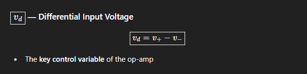 <p>The differential input voltage is defined as the difference between the non-inverting input voltage and the inverting input voltage; in particular, Vd = v+ - v-</p><p></p><p></p><p></p><p></p><p></p>